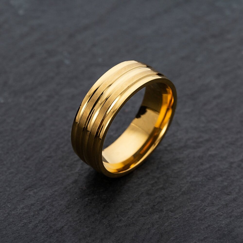 3$35 New Men's Gold Tone Grooved Band Ring Stainless Steel Wedding Fashion Ring